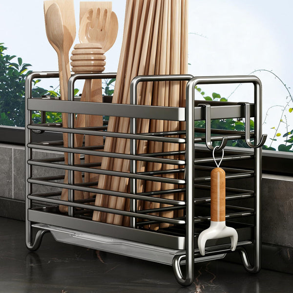 Cutlery Holder Kitchen Organizer Tray Countertop Utensil Rack Drainer Spoon Drying Accessories With Drip And Hooks Metal White 1 Piece Cutlery Storage