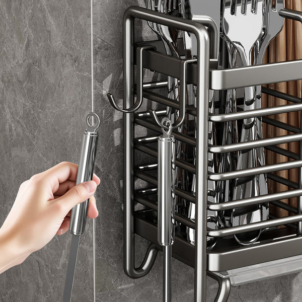 Cutlery Holder Kitchen Organizer Tray Countertop Utensil Rack Drainer Spoon Drying Accessories With Drip And Hooks Metal White 1 Piece Cutlery Storage