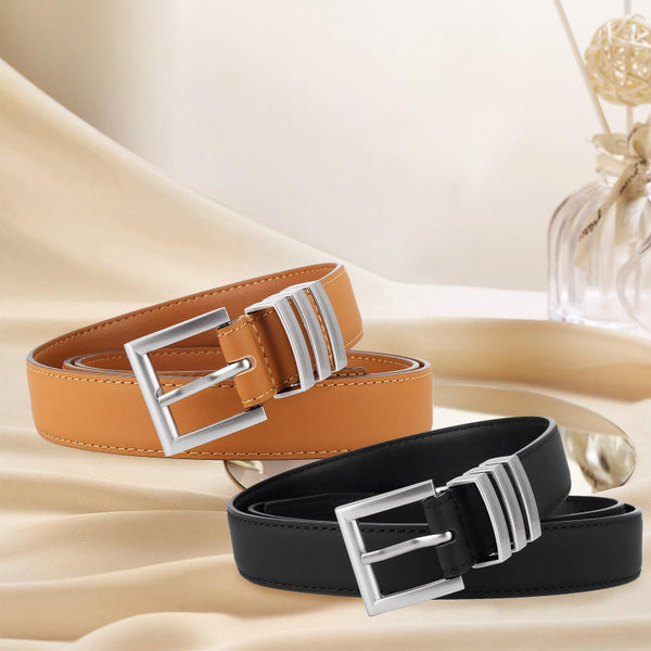 Women Belt Black 2 Pack Faux Leather Waist Jeans Buckle Adjustable Belts