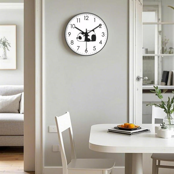 Silent Wall Clock Analog Living Room Bedroom Panda Design Animal Motif Modern Interior Not Ticking Decoration Office Kitchen Black And White 1 Piece W
