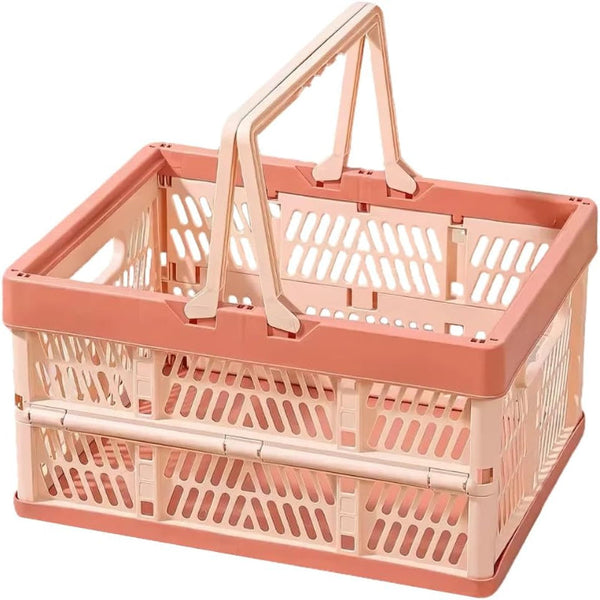 Folding Crate Shopping Basket Storage Collapsible Box Plastic Camping Car Organizer Foldable Stackable With Handles Trunk Pink 1 Piece Shopping Trolle