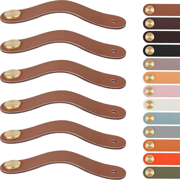 Set Of 6 Caramel Leather Loop Handles With Brass Screws