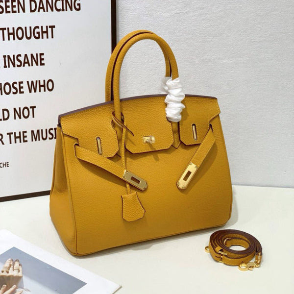 2025 Euro American Elegant Lychee Leather Shoulder Bag Birkin 35 Lemon Yellow Women's Bags & Handbags