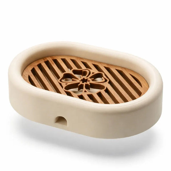 3D Printed Oval Soap Dish With Drain Rack White And Wood Look. Soap Dishes & Dispensers