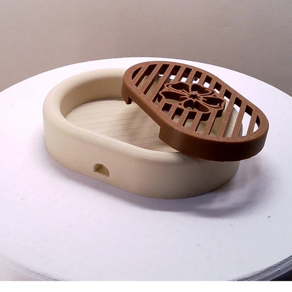 3D Printed Oval Soap Dish With Drain Rack White And Wood Look. Soap Dishes & Dispensers