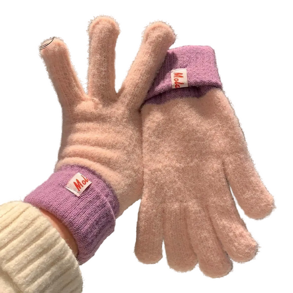 Dual Tone Knitted Winter Gloves Fleece Lined Touch Screen Compatible Pink Gloves & Mittens