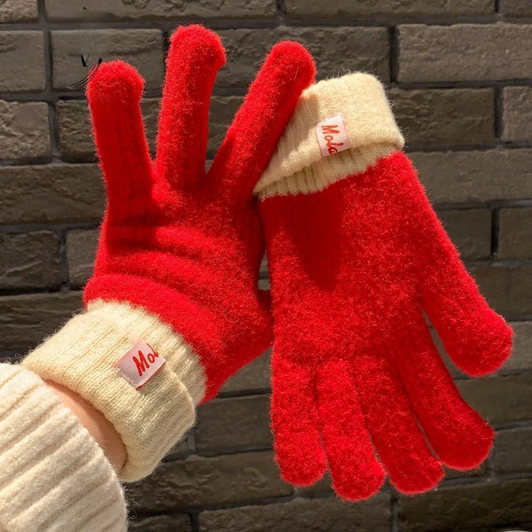 Dual Tone Knitted Winter Gloves Fleece Lined Touch Screen Compatible Red Gloves & Mittens