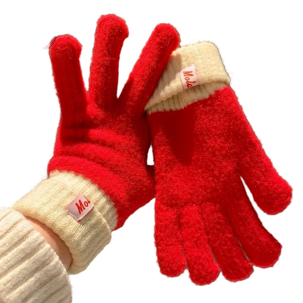Dual Tone Knitted Winter Gloves Fleece Lined Touch Screen Compatible Red Gloves & Mittens