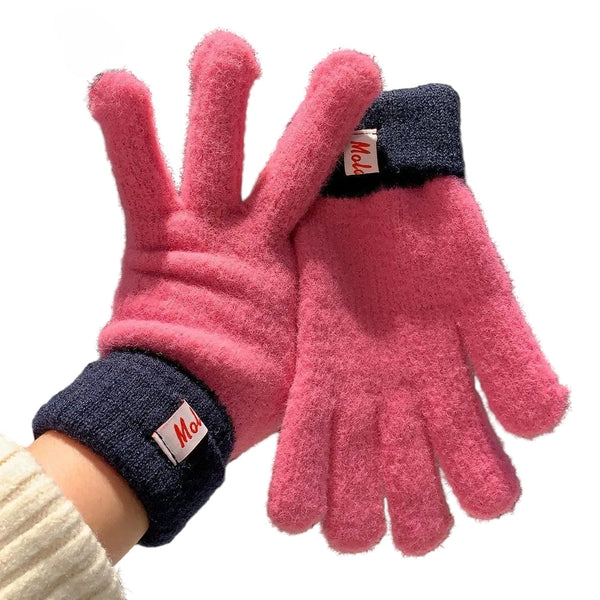 Dual Tone Knitted Winter Gloves With Fleece Lining Rose Red Gloves & Mittens