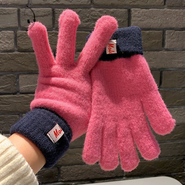 Dual Tone Knitted Winter Gloves With Fleece Lining Rose Red Gloves & Mittens