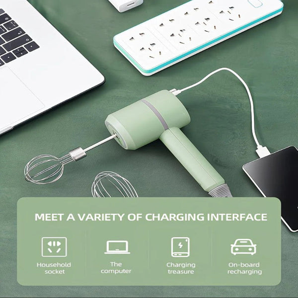 Green Wireless Charging Handheld Mixer 30W With Three Speed Settings. Dual Whisk Heads Designed For Whipping Eggs Cream And Batter. Suitable Both Kitc