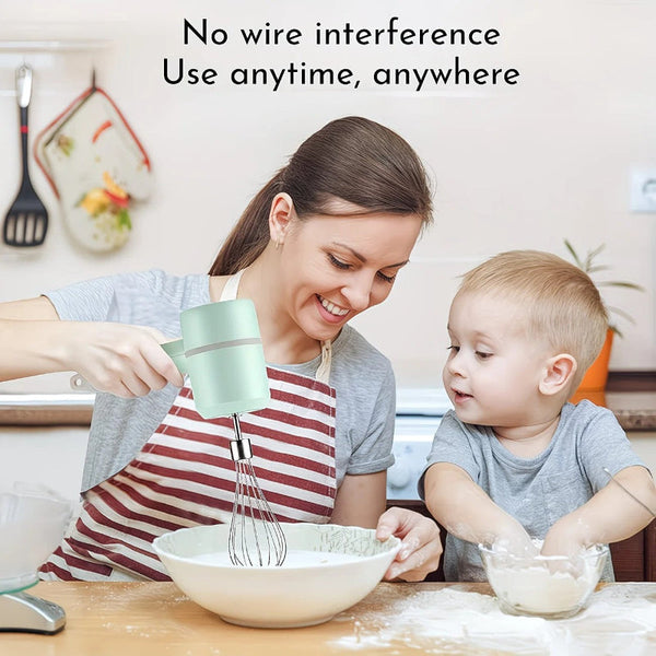 Green Wireless Charging Handheld Mixer 30W With Three Speed Settings. Dual Whisk Heads Designed For Whipping Eggs Cream And Batter. Suitable Both Kitc