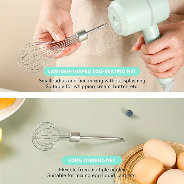 Green Wireless Charging Handheld Mixer 30W With Three Speed Settings. Dual Whisk Heads Designed For Whipping Eggs Cream And Batter. Suitable Both Kitc