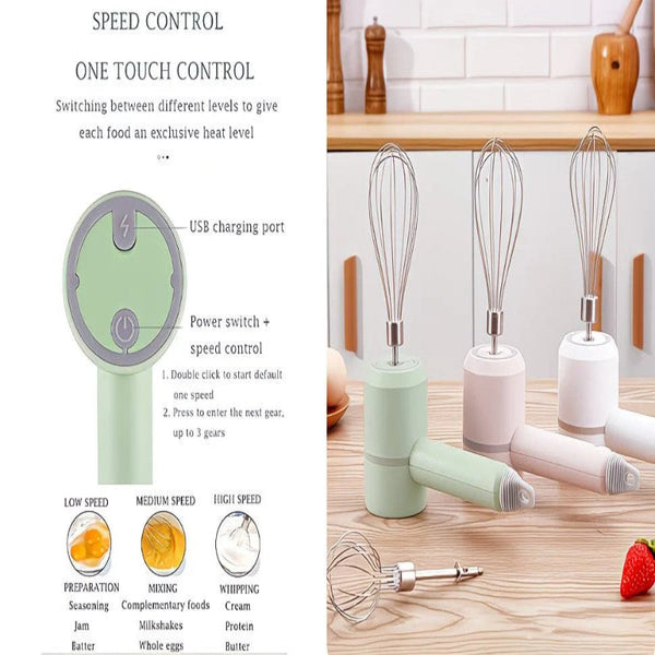 Green Wireless Charging Handheld Mixer 30W With Three Speed Settings. Dual Whisk Heads Designed For Whipping Eggs Cream And Batter. Suitable Both Kitc