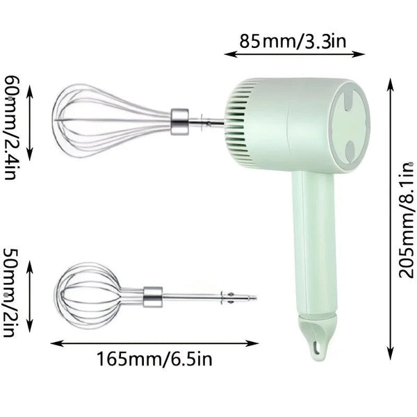 Green Wireless Charging Handheld Mixer 30W With Three Speed Settings. Dual Whisk Heads Designed For Whipping Eggs Cream And Batter. Suitable Both Kitc