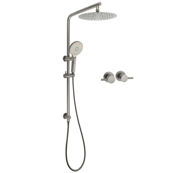Wels Gun Metal Round 10" 2In1 Shower Head 3 Modes Handheld Slide Rail Arm Twin Taps Shower Heads & Combos