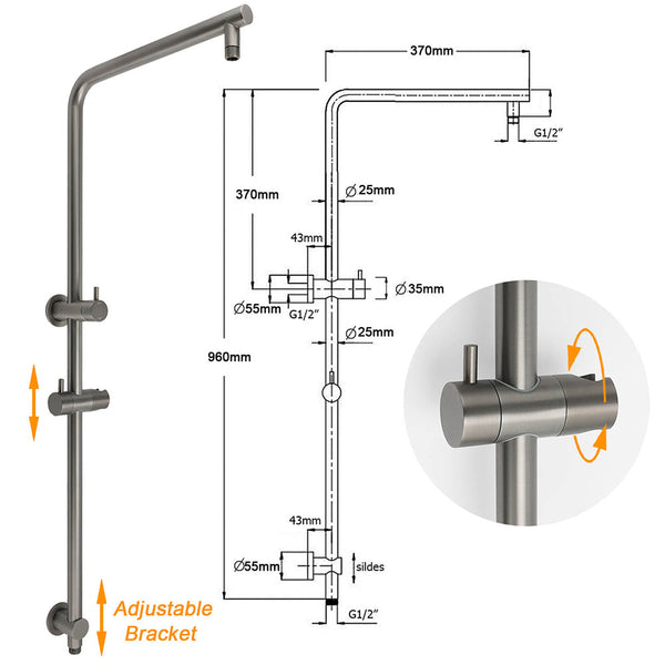Wels Gun Metal Round 10" Twin Shower Head 3 Modes Handheld Slide Rail Hot Cold Taps Set Shower Heads & Combos