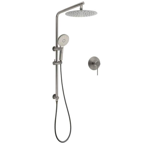 Wels Gun Metal Round 10" Twin Shower Head 3 Modes Handheld Slide Rail Diverter Mixer Shower Heads & Combos