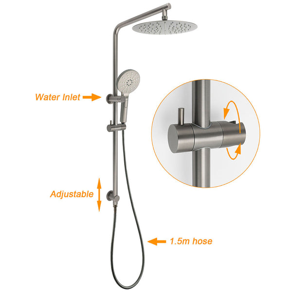 Wels Gun Metal Round 10" Twin Shower Head 3 Modes Handheld Slide Rail Diverter Mixer Shower Heads & Combos