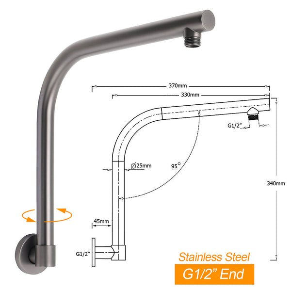 Gun Metal Round 8" Rainfall Shower Head + High Rise Gooseneck Wall Arm Bath Set Shower Heads & Combos