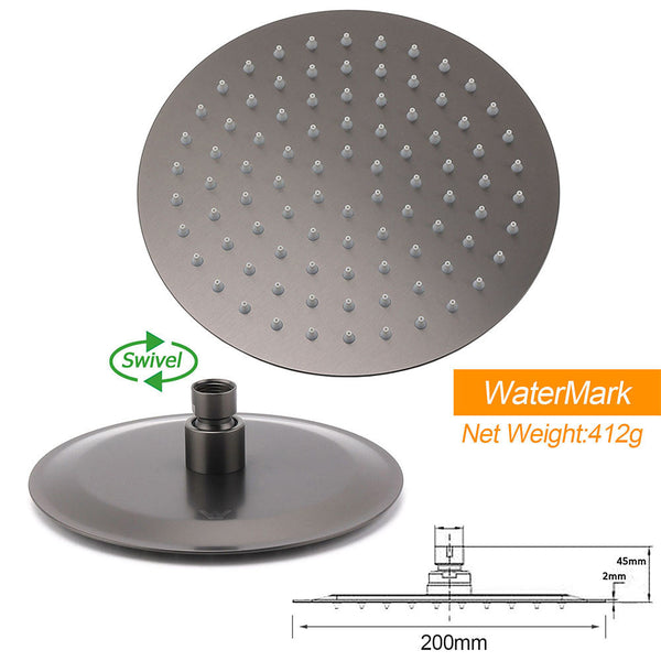 Gun Metal Round 8" Rainfall Shower Head + High Rise Gooseneck Wall Arm Bath Set Shower Heads & Combos