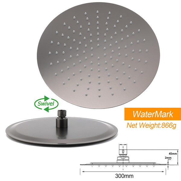 Gun Metal Round 12" Rainfall Shower Head + High Rise Gooseneck Wall Arm Bath Set Shower Heads & Combos
