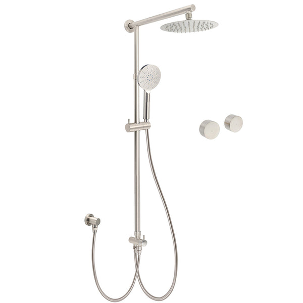 Brushed Nickel Round 8" Sus Rain Head Shower Handheld Sliding Rail Arm Chrome Set + Twin Taps Shower Heads & Combos