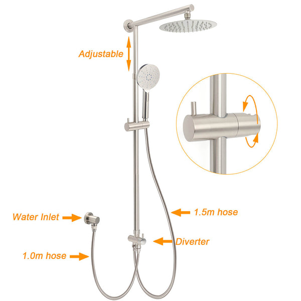 Brushed Nickel Round 8" Rain Head Shower Stainless Steel Handheld Sliding Rail Arm Chrome Set + Twin Taps Shower Heads & Combos