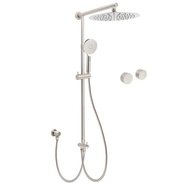 Brushed Nickel Round 12" Large Rain Head Shower Handheld Sliding Rail Arm Chrome Set + Twin Taps Shower Heads & Combos