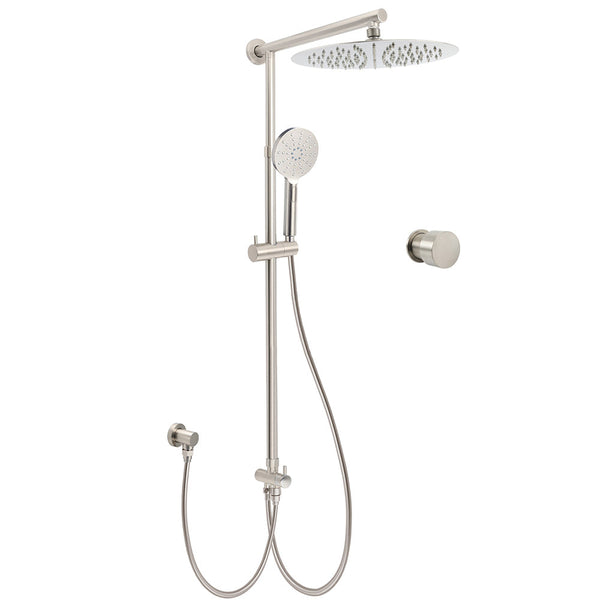 Brushed Nickel 12" Large Rain Head Twin Shower Handheld Sliding Rail Arm Set With Mixer Shower Heads & Combos