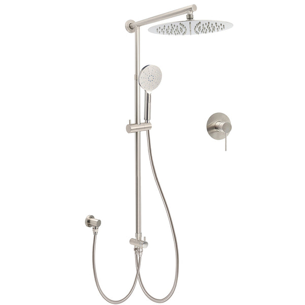 Brushed Nickel Round 12" Rainfall Head Shower Handheld Sliding Rail Arm Mixer 2In1 Set Shower Heads & Combos