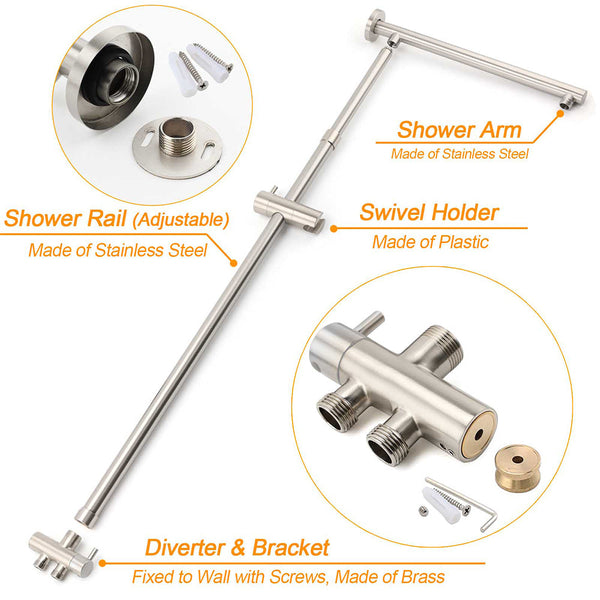 Brushed Nickel 8" Rain Head Shower Square 3 Modes Handheld Sliding Rail Arm Mixer Dual Set Shower Heads & Combos