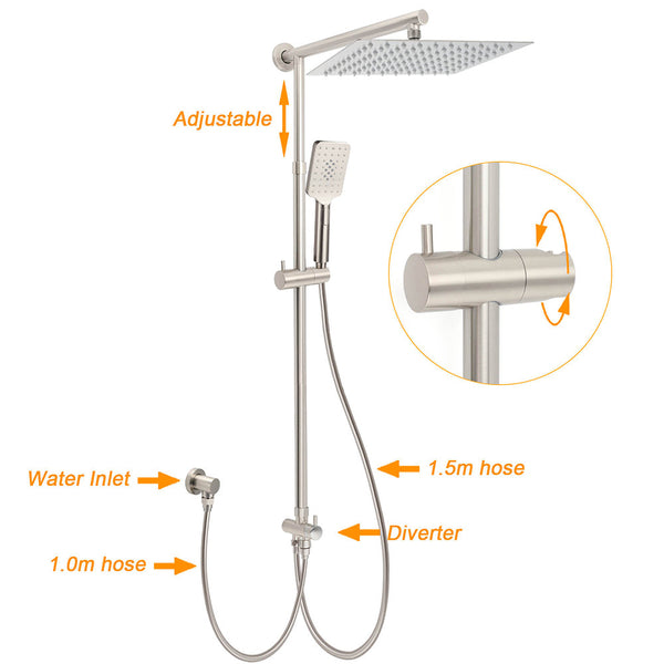 Wels Brushed Nickel 12" Rain Head Shower Square 3 Modes Handheld Sliding Rail Arm Mixer Dual Set Shower Heads & Combos