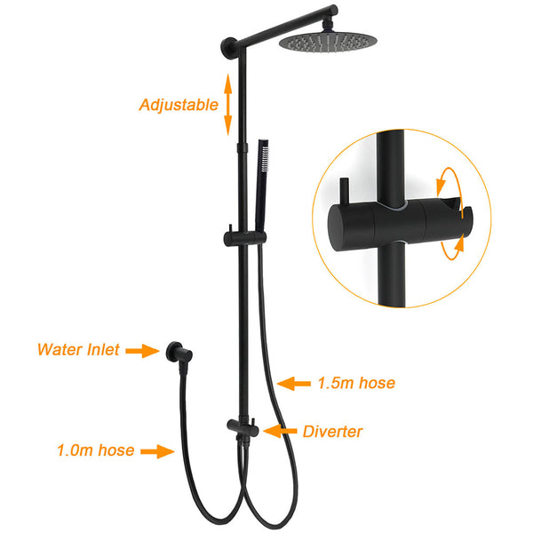 Wels Matt Black 2In1 Shower 8" Round Head Set Mode Handheld Rose Sliding Rail Elbow Inlet Shower Heads & Combos