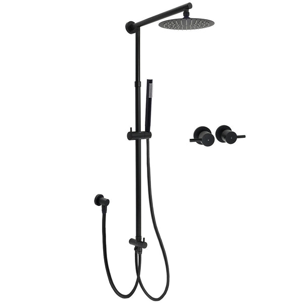 Wels Matt Black 2In1 Shower 8" Round Head Set Sliding Rail Single Mode Handheld + Twin Taps Shower Heads & Combos