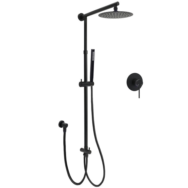 Wels Matt Black Twin Shower 8" Round Rain Head Set Sliding Rail Single Mode Handheld + Mixer Shower Heads & Combos