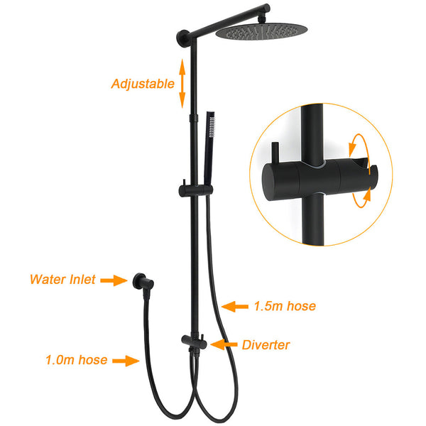 Matt Black Dual Round Shower Set 10" Rain Head Metal Handheld Sliding Rail Arm Diverter Shower Heads & Combos