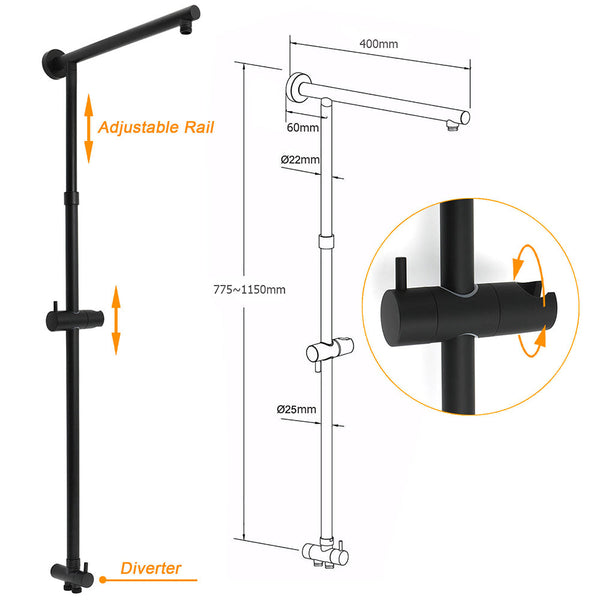Matt Black Dual Round Shower Set 10" Rain Head Metal Handheld Sliding Rail Arm Diverter Shower Heads & Combos