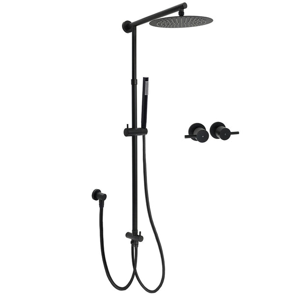 Matt Black Round Dual Shower Set 10" Rain Head Metal Handheld Sliding Rail Arm Twin Taps Shower Heads & Combos