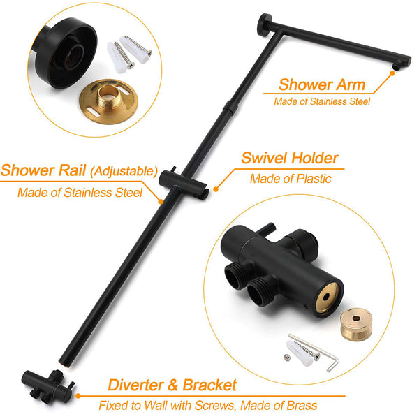 Matte Black Large 12" Round Shower Head Twin Set Stainless Steel Handheld Diverter Wall Rail Arm Shower Heads & Combos
