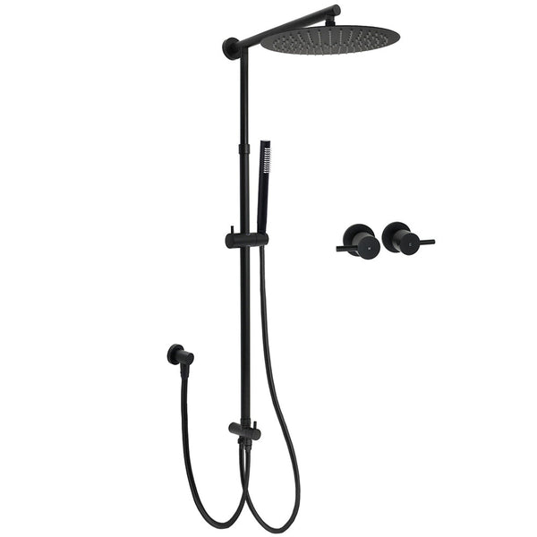 Wels Matt Black Dual 12" Round Shower Head Set Metal Handheld Rail Wall Arm Elbow Inlet Twin Taps Shower Heads & Combos