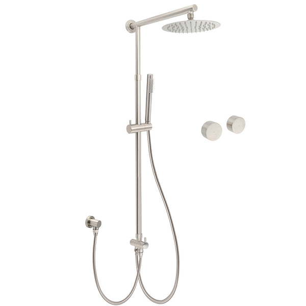 Brushed Nickel Round 8" Rain Head Shower Stainless Steel Handheld Sliding Rail Arm Chrome Set + Twin Taps Shower Heads & Combos