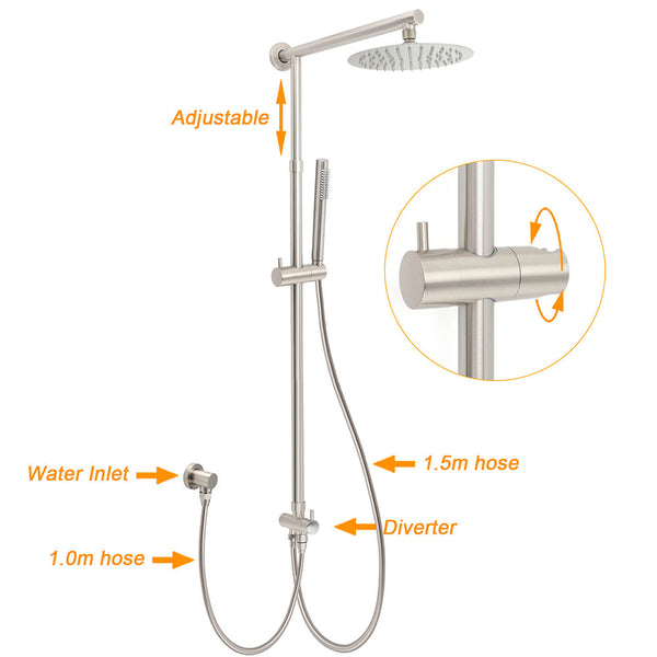 Brushed Nickel Round 8" Rain Head Shower 1 Mode Handheld Sliding Rail Arm Mixer 2In1 Set Shower Heads & Combos