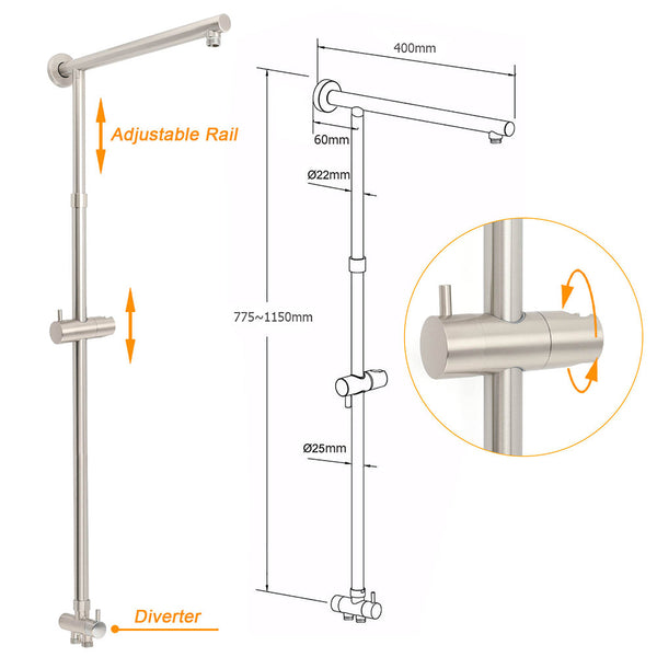 Brushed Nickel Round 8" Rain Head Shower 1 Mode Handheld Sliding Rail Arm Mixer 2In1 Set Shower Heads & Combos