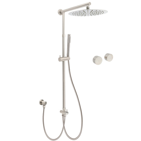 Brushed Nickel Round 12" Sus Rain Head Metal Handheld Shower Sliding Rail Arm Chrome Set + Twin Taps Shower Heads & Combos