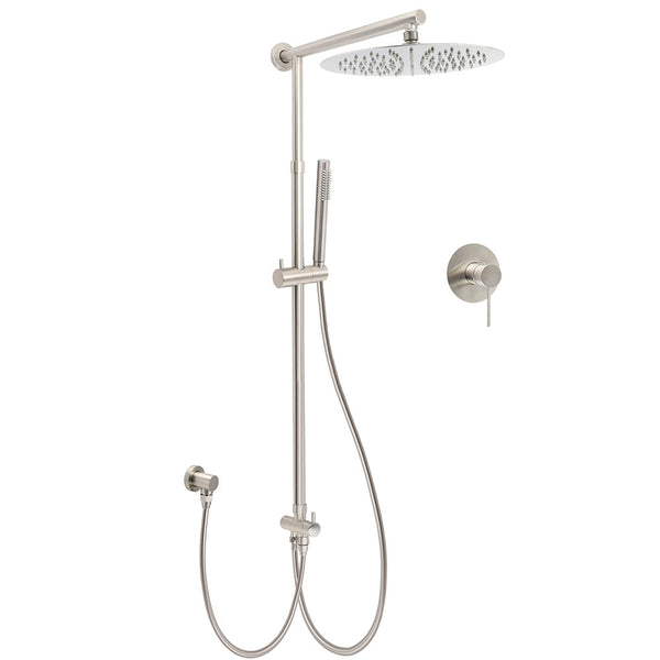 Brushed Nickel Round 12" Rain Head Shower Single Mode Handheld Sliding Rail Arm Mixer 2In1 Set Shower Heads & Combos