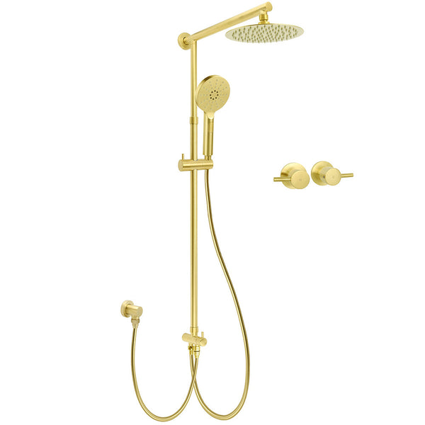 Wels Brushed Gold 8" Round Shower Head 3 Mode Handheld Rose Sliding Rail Twin Taps Set Shower Heads & Combos