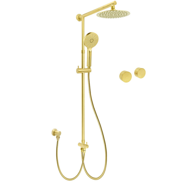 Wels Brushed Gold 2In1 Shower 8" Round Head Set 3 Mode Handheld Rose Sliding Rail Twin Taps Shower Heads & Combos
