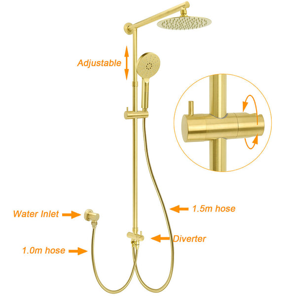 Wels Brushed Gold 2In1 Shower 8" Round Head Set 3 Mode Handheld Rose Sliding Rail Twin Taps Shower Heads & Combos