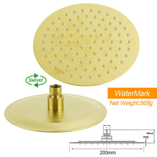 Wels Brushed Gold 2In1 Shower 8" Round Head Set 3 Mode Handheld Rose Sliding Rail Twin Taps Shower Heads & Combos